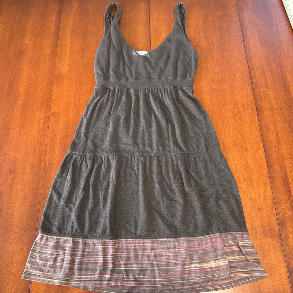 Brown Cotton Sleeveless Dress with Striped Hem